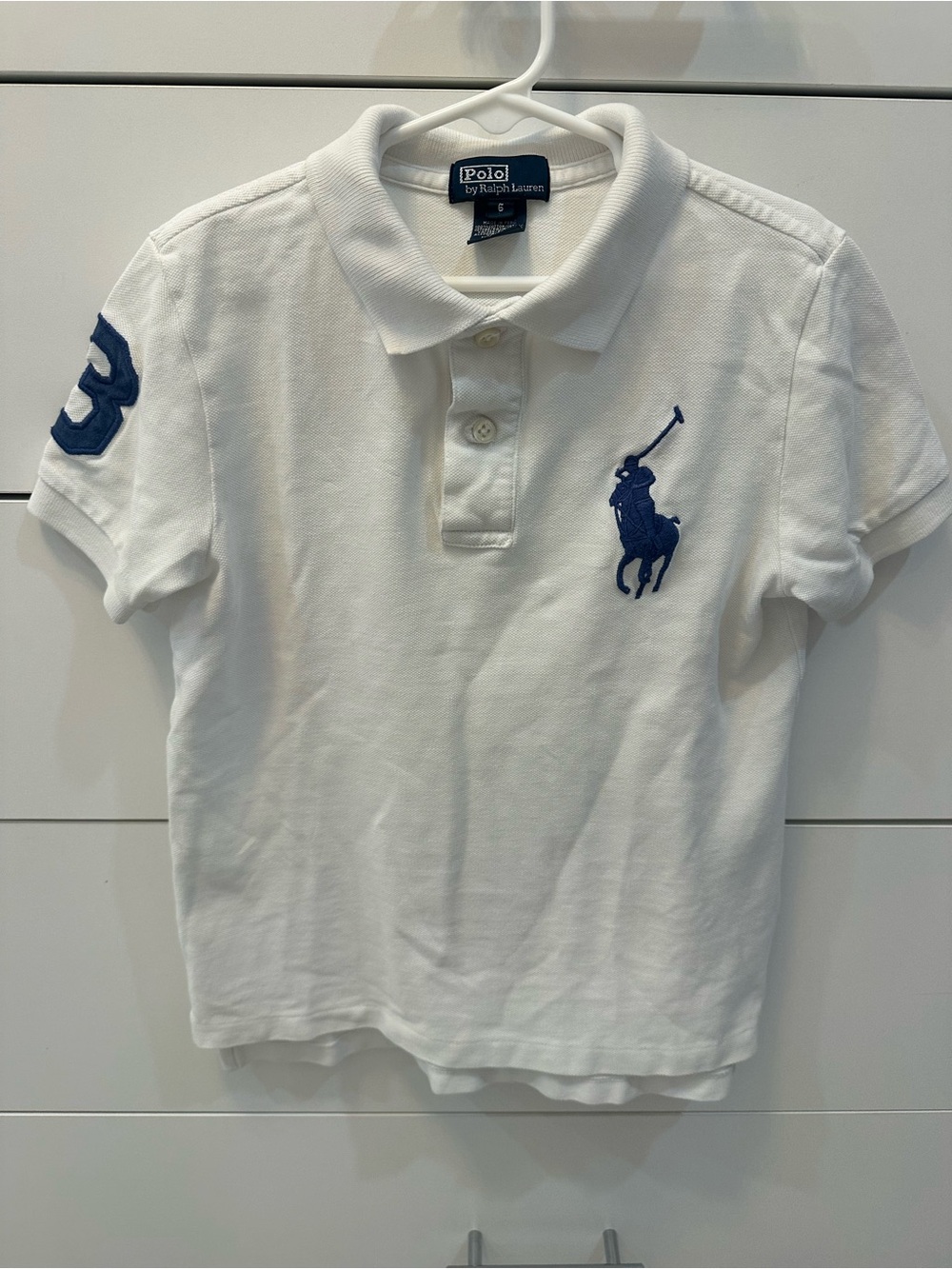 Polo by Ralph Lauren Boys White Polo Shirt with Navy Logo Size 6